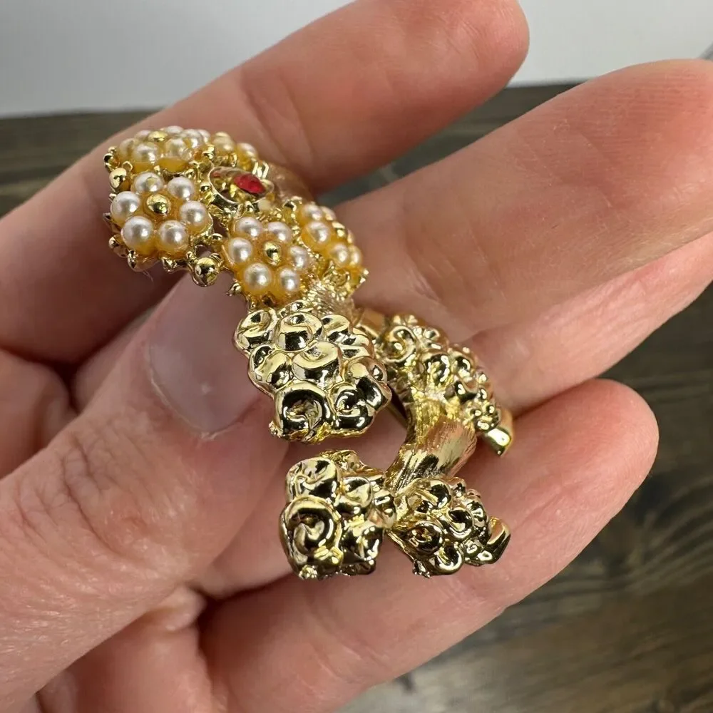 Vintage French Poodle Brooch Pin Gold Tone Faux Pearls‎ Red Rhinestone Dog